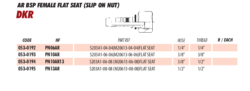 AR BSP FEMALE FLAT SEAT (SLIP ON NUT)
DKR