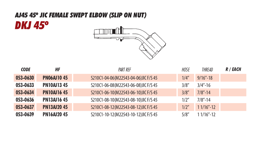 AJ45 45º JIC FEMALE SWEPT ELBOW (SLIP ON NUT)
DKJ 45º