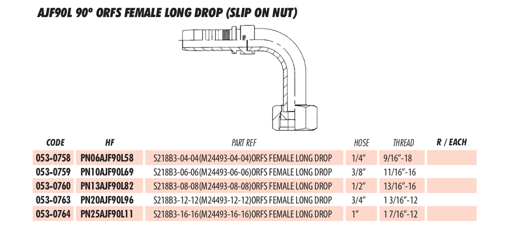 AJF90L 90º ORFS FEMALE LONG DROP (SLIP ON NUT)