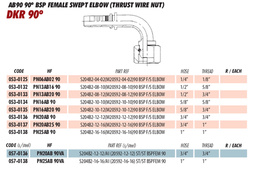 AB90 90º BSP FEMALE SWEPT ELBOW (THRUST WIRE NUT)
DKR 90º