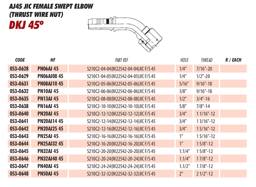 AJ45 JIC FEMALE SWEPT ELBOW
(THRUST WIRE NUT)
DKJ 45º