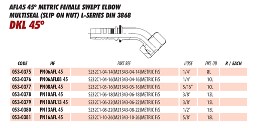 AFL45 45º METRIC FEMALE SWEPT ELBOW
MULTISEAL (SLIP ON NUT) L-SERIES DIN 3868
DKL 45º