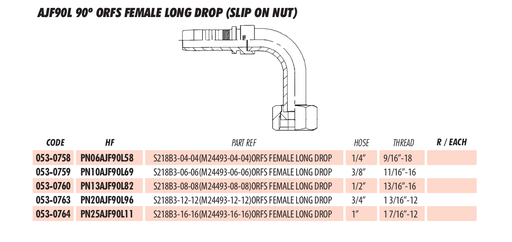 AJF90L 90º ORFS FEMALE LONG DROP (SLIP ON NUT)