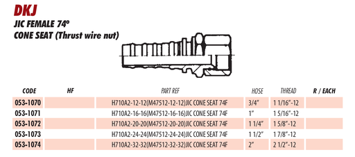 DKJ
JIC FEMALE 74º
CONE SEAT (Thrust wire nut)